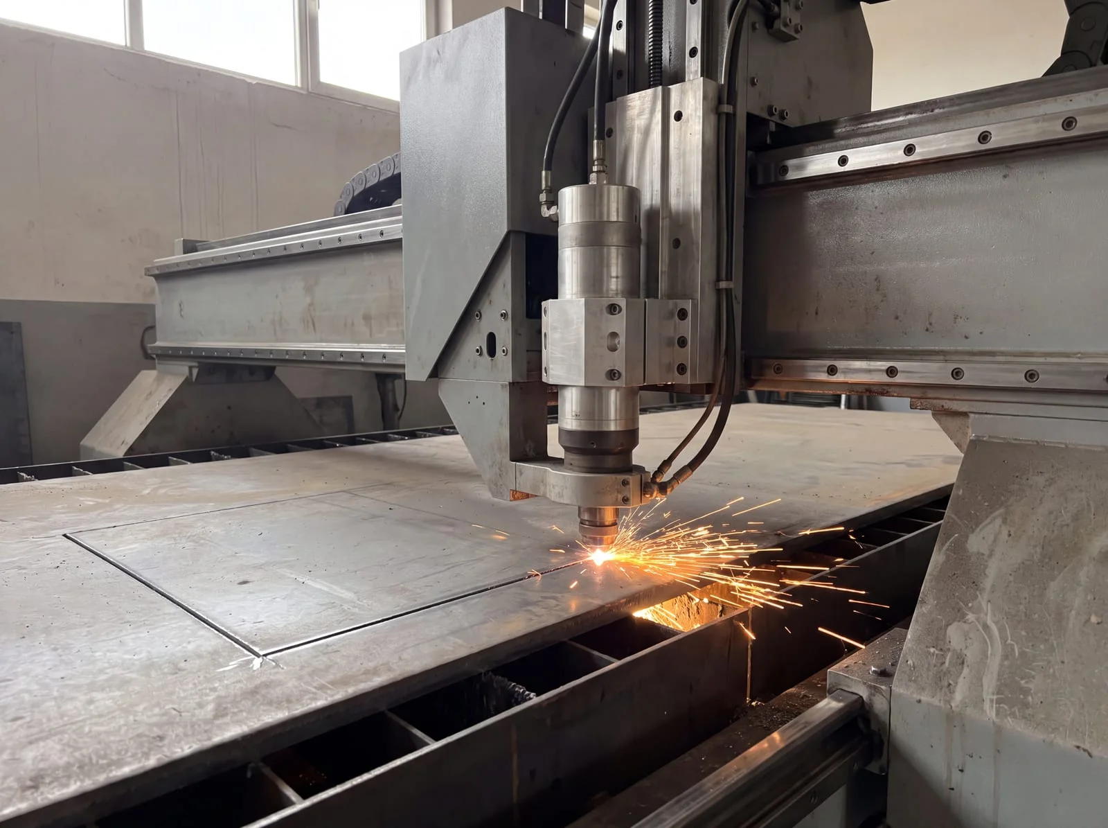 Makina CNC duke prerë pllakë çeliku, me shkëndija përgjatë prerjes.