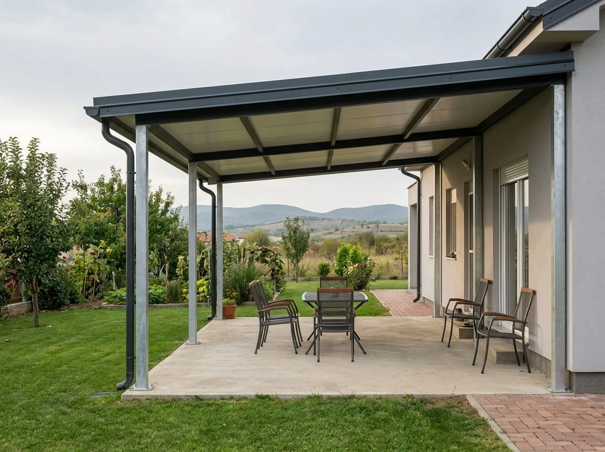 Verandë me konstruksion metalik pranë shtëpisë, me tavolinë dhe karrige.